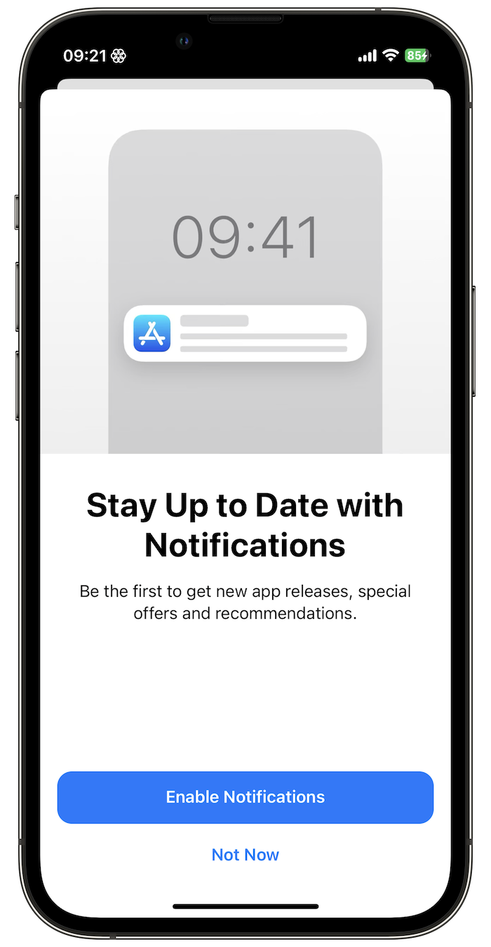 Apple asking for notifications permissions in the App Store.